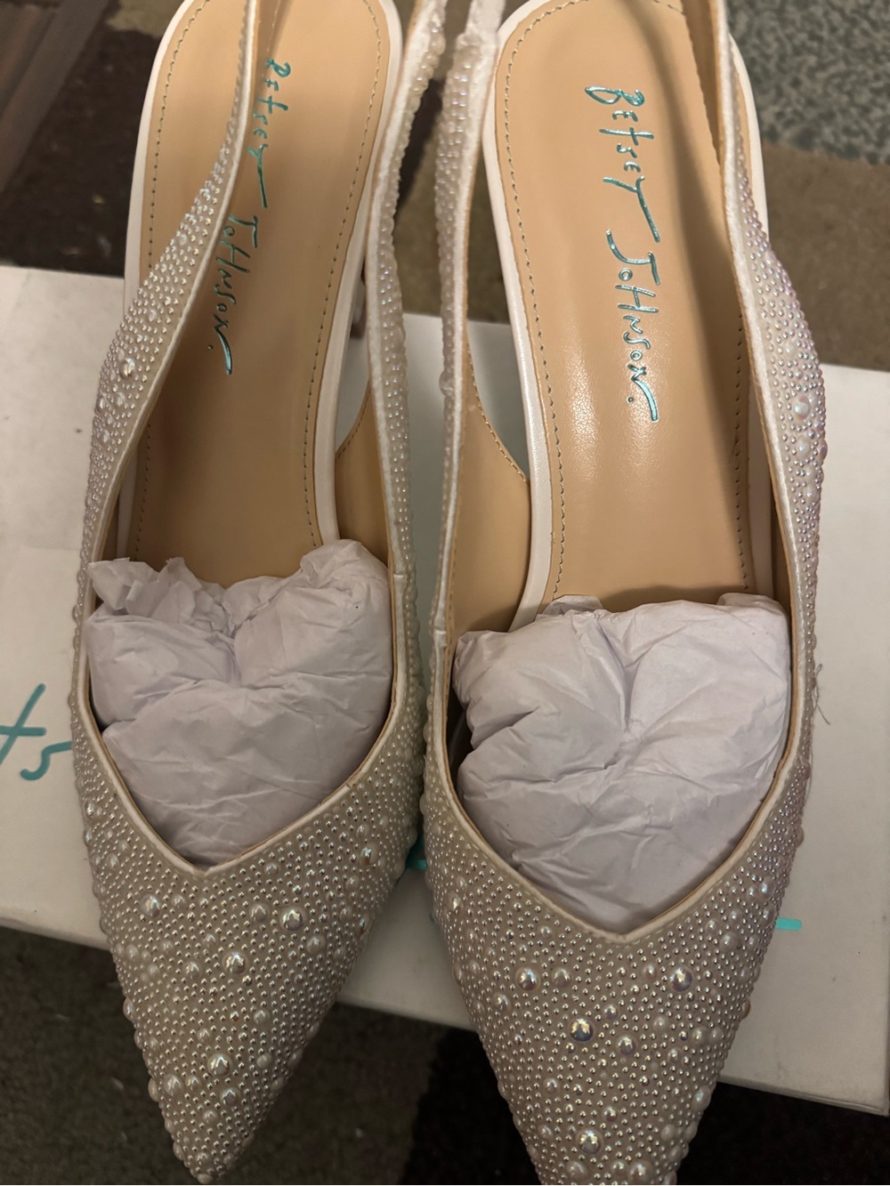 Betsey Johnson White Pearl & Rhinestone Pointed-Toe Slingback Mules
